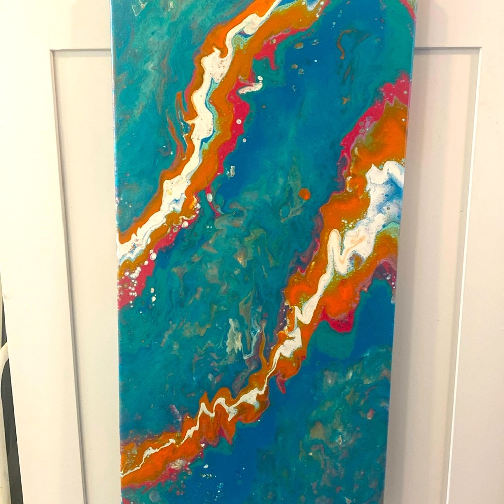 Original paint pour art piece of a kind, beautiful oranges, turquoise blue white